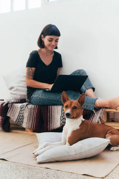 La mujer trabaja desde casa en el portátil con el perro —  Fotos de Stock