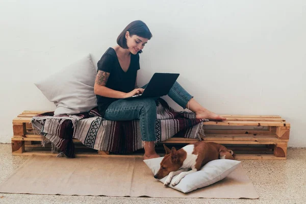 Woman works from home on laptop with dog — Stock Photo, Image