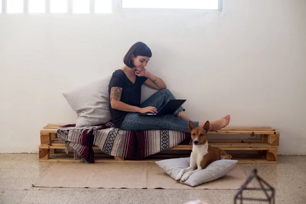 Kobieta pracuje w domu z pies — Zdjęcie stockowe