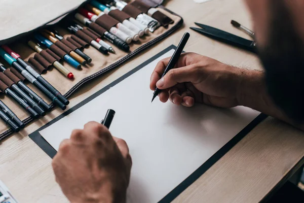 Man Learning Calligraphy Lettering Handwriting Drawing Paper Table Pencil Case — Stock Photo, Image