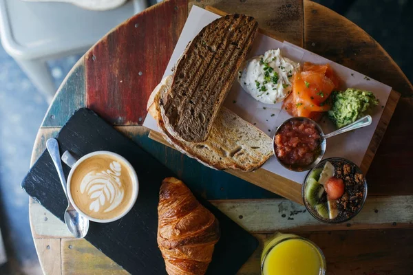 Top View Table Breakfast Cappuccino Coffee French Breakfast Homemade Croissant — Stock Photo, Image