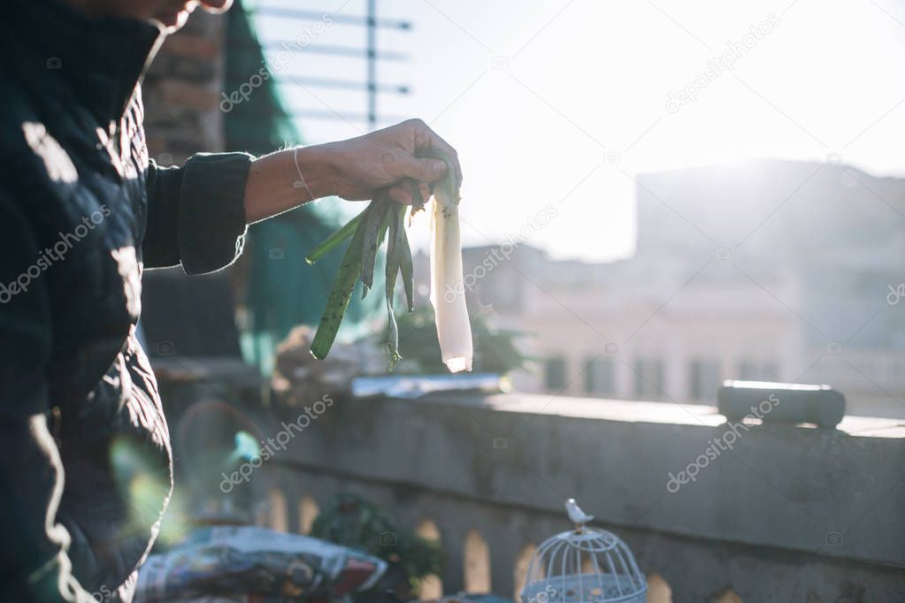 man cooking grilled barbecued spring onions on balcony of building roof