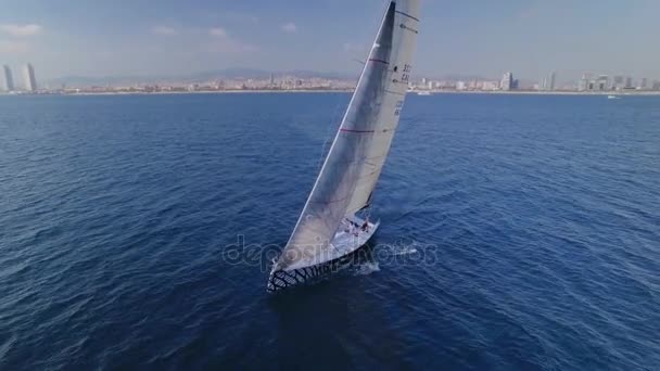 Training on race sailboat in open sea — Stock Video