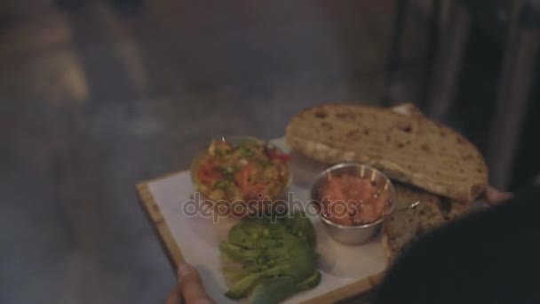 Waiter serves brunch at cool cafe — Stock Video