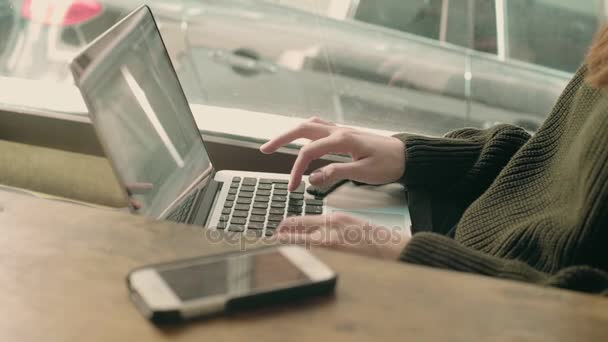 Junge Studentin arbeitet aus der Ferne im Café — Stockvideo