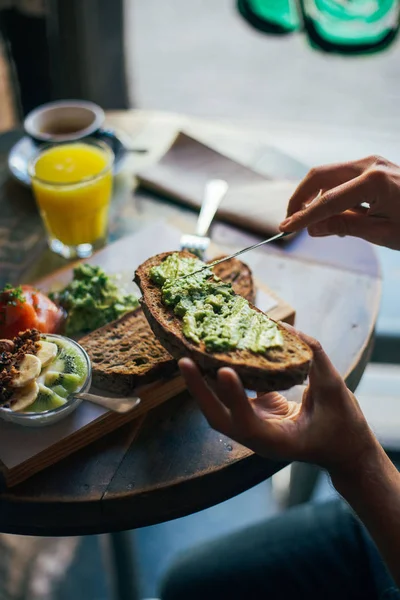 Cropped View Hands Putting Avocado Spread Toast — Stock Photo, Image