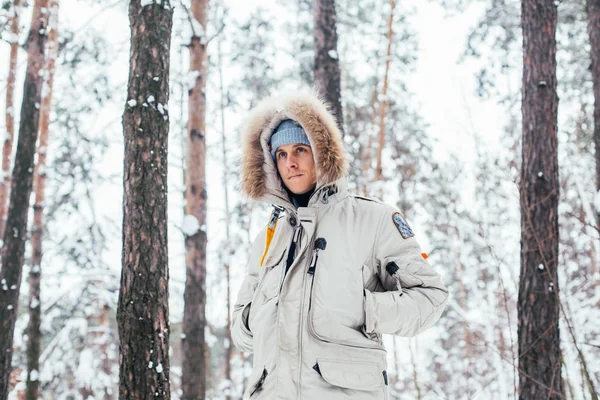 Handsome Caucasian Man Winter Jacket Posing Snowy Forest — Stock Photo, Image