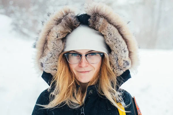 Portrait Smiling Young Woman Blond Hair Glasses Wearing Hood Fur — Stock Photo, Image