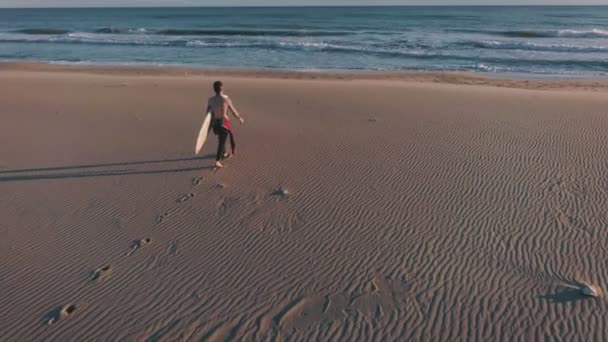 Sörfçü okyanus deniz kıyısında yanında yürüyor — Stok video