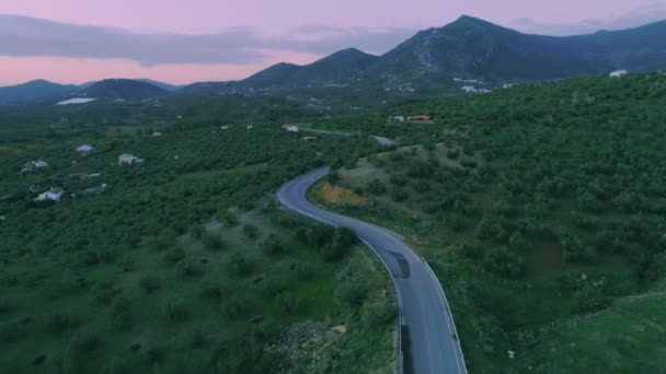 Scenery aerial shot of nature landscape with small road — Stock Video