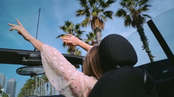 Kör cabrioleter på palm väg på solig dag — Stockvideo
