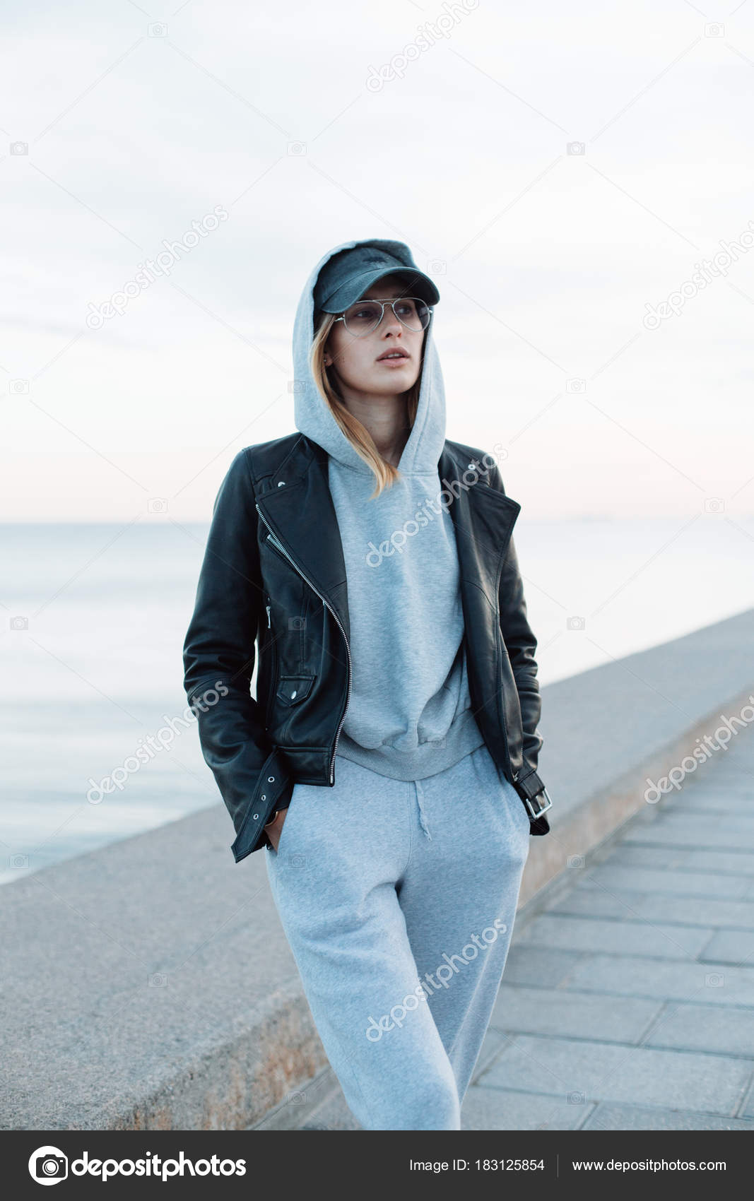 Portrait Young Woman Grey Hoodie Sweatpants Standing Pier Stock
