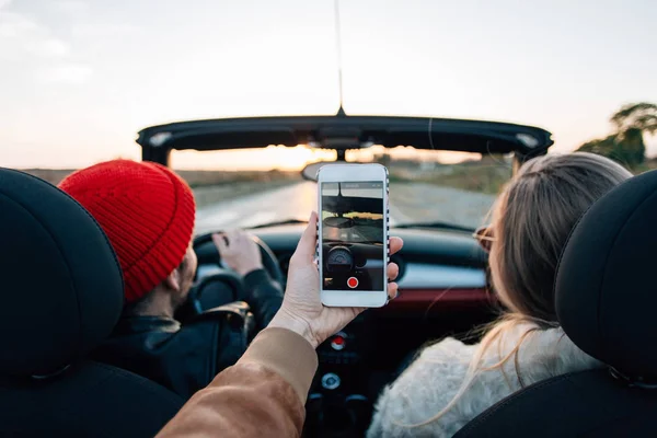 Cropped View Hand Taking Photos Smartphone Cabriolet Convertible Car Friends — Stock Photo, Image