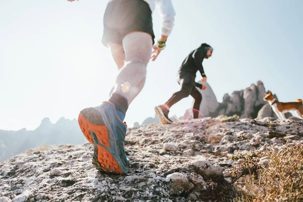 Two Friends Workout Buddies Together Pet Dog Hiking Trekking Trip — Stock Photo, Image