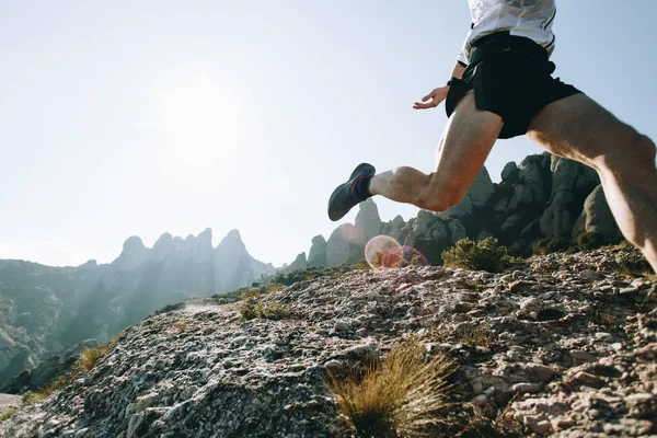 无法辨认的运动员或运动爱好者与强健的腿与肌肉跑通过坚硬地形山路在超径马拉松训练或种族 美丽的自然公园风景 — 图库照片
