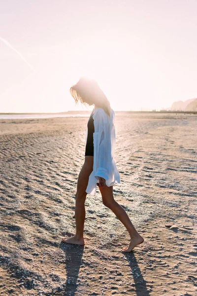 Beautiful Skinny Young Woman Girl Models One Piece Swimsuit White — Stock Photo, Image