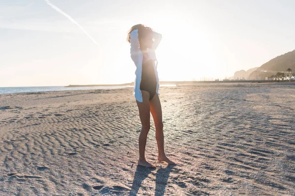 Beautiful Skinny Model Looking Girl Natural Beauty Poses Sunset Light — Stock Photo, Image