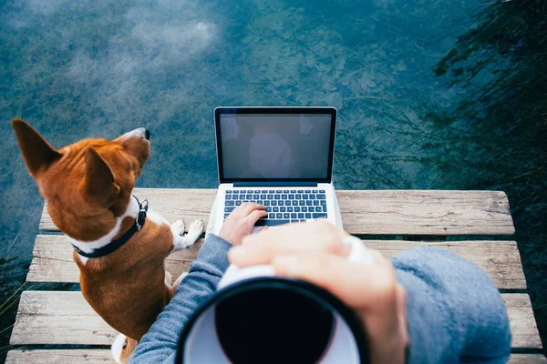 POV of millennial hipster man sipping on black american coffee while work on laptop remote out of office in park or forest, during vacation or lunch break. Types on keyboard code or project