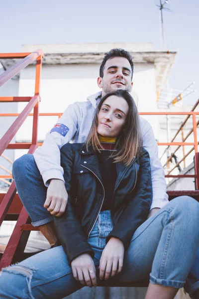 Chic Stylish Cool Teenagers Models Pose Photographer Rooftop Fire Exit — Stock Photo, Image