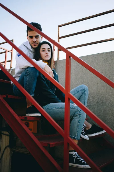 Chic Stylish Cool Teenagers Models Pose Photographer Rooftop Fire Exit — Stock Photo, Image