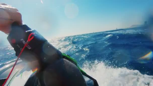 POV of fun ride on water jet ski in summer ocean — Stock Video