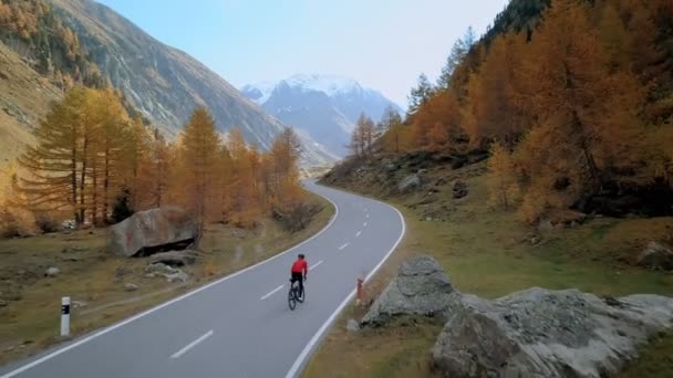 Ciclista se aleja en otoño camino de montaña — Vídeos de Stock