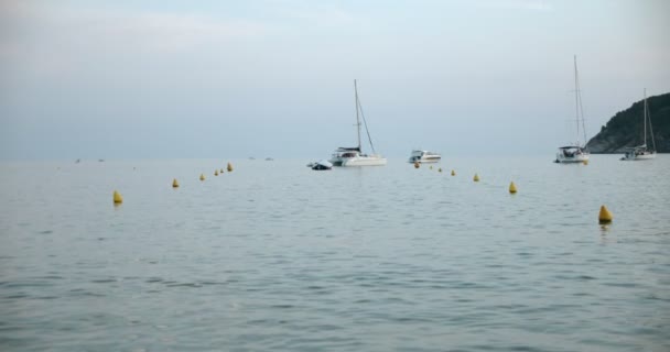 Ruhige Oberfläche der Wasserbucht mit Bojen und Segelboot — Stockvideo