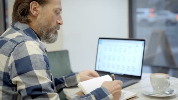 Vuxen stilig man arbetar på café på laptop — Stockvideo