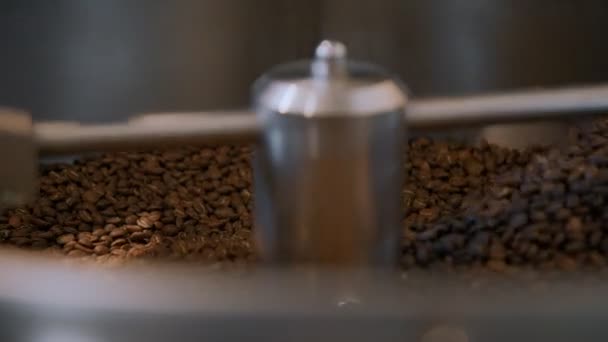 Küçük kızartma fabrikasında kahve kızartma işlemi. — Stok video