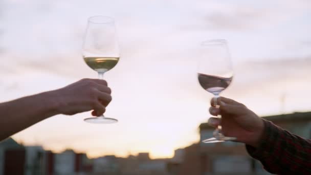Enjoy glass of wine, toast rose at sunset — Αρχείο Βίντεο