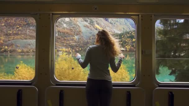 Inspirante mujer viajera mirar por la ventana del tren — Vídeos de Stock