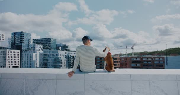 Hipster man et son chien regardent au-dessus des toits de la ville — Video