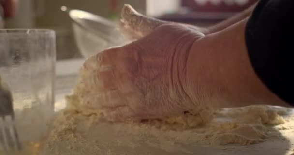 Old female hands kneading sour dough baking — Stock Video