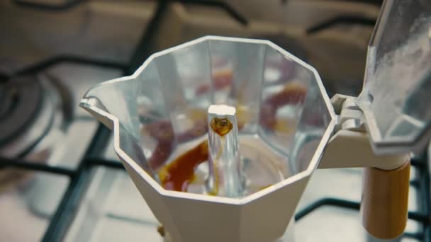 Geyser Italiaanse specialiteit koffiezetapparaat op fornuis — Stockvideo