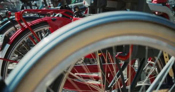 Пригородные велосипеды припаркованы на стоянке велосипедов в городе — стоковое видео