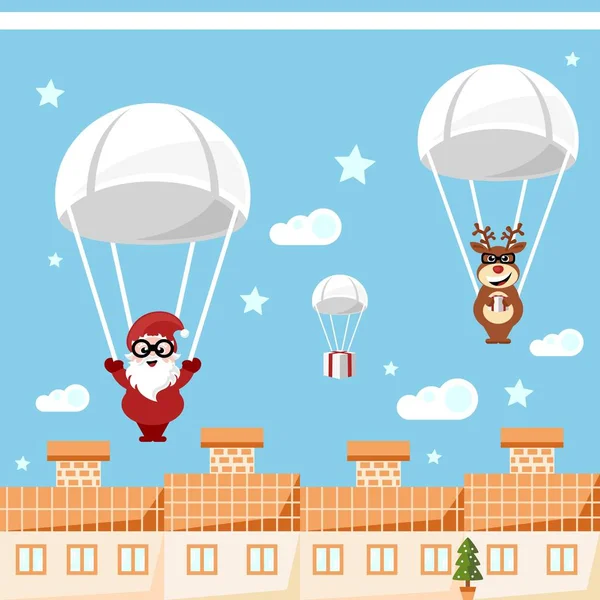 Kerstman en het rendier Kerstmis leveren presenteert door parachute Rechtenvrije Stockvectors
