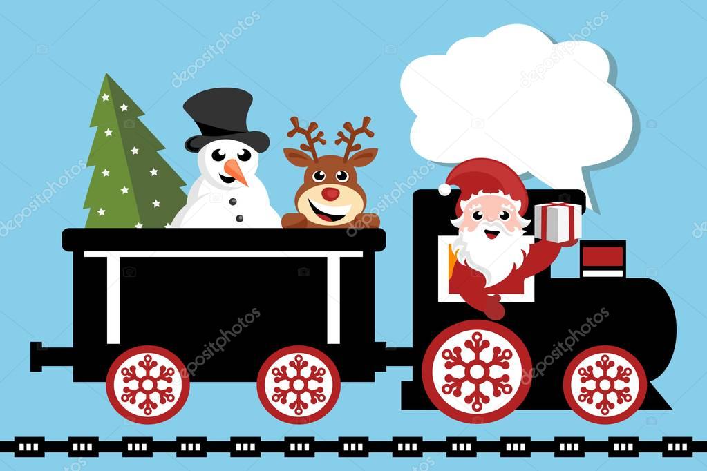 santa claus driving the locomotive of the christmas train with red nosed reindeer and snowman in the wagon