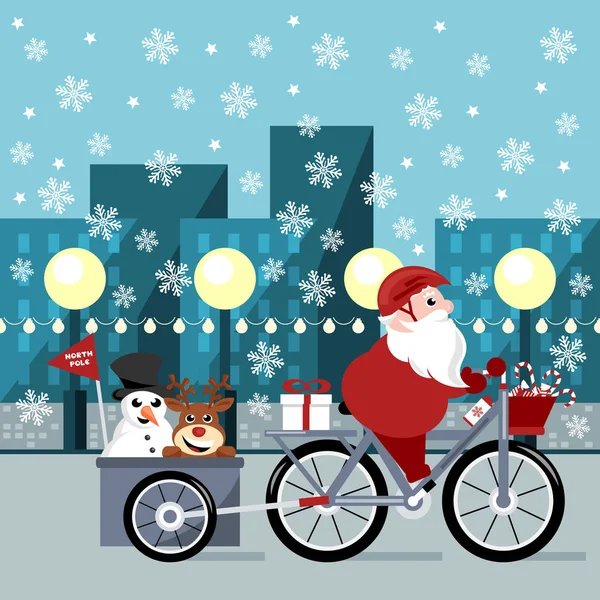 Kerstman Rijden Fiets Door Stad Met Rode Neus Rendieren Sneeuwpop Stockvector
