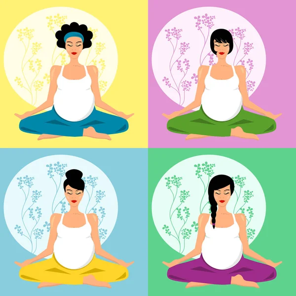Collage Four Pregnant Woman Doing Prenatal Yoga Vector Illustration — Stock Vector