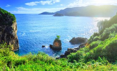 Güzel yaz panoramik deniz manzarası. Berrak masmavi su ile deniz koyları görünüme kıyı şeridi. Yalnız rock bir ağaç üstünde tepe. Küçük bir ağaç üstünde tepe. Paleokastrica. Corfu. Yunanistan.