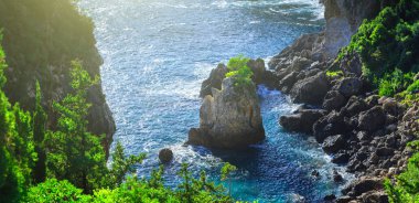Güzel yaz panoramik deniz manzarası. Berrak masmavi su ile deniz koyları görünüme kıyı şeridi. Yalnız rock bir ağaç üstünde tepe. Küçük bir ağaç üstünde tepe. Paleokastrica. Corfu. Yunanistan.