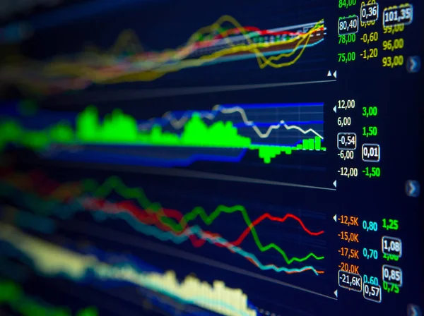 Análisis de datos en el mercado de divisas: los gráficos y cotizaciones en pantalla — Foto de Stock