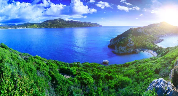 Beautiful summertime panoramic seascape. View of the cliff into Stock Image