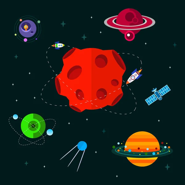 Utrymme med rymdskepp, ufo och planeter. — Stock vektor