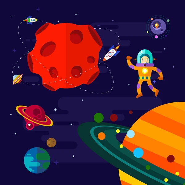 Space, spaceship, astronaut, and planets. — Stock Vector