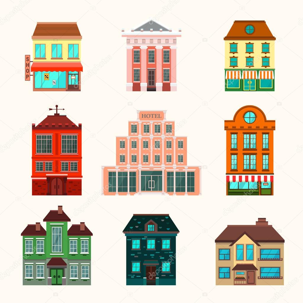 City and town buildings icon set