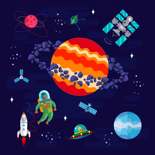 Utrymme, Astronaut och planeter. — Stock vektor