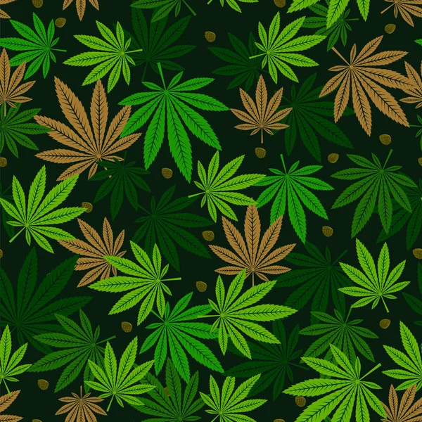 大麻叶和种子的无缝隙形态. — 图库矢量图片