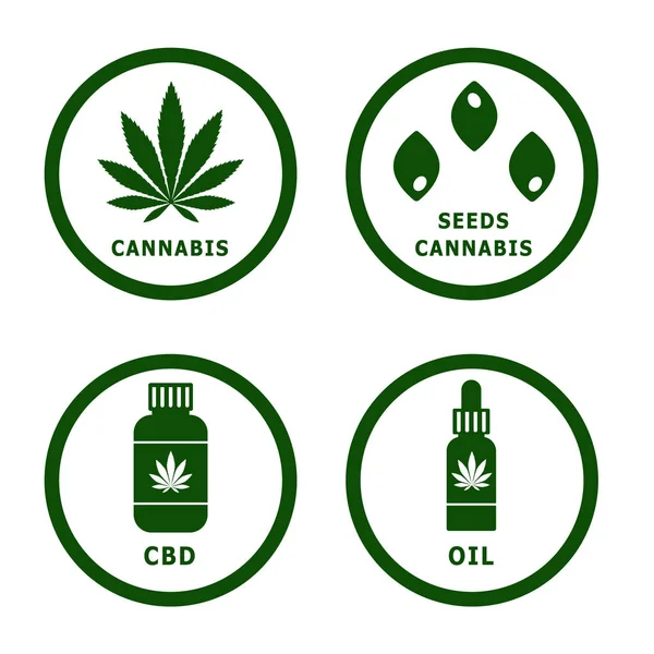 带有叶子、种子、 Cbd和油的大麻病媒标志. — 图库矢量图片