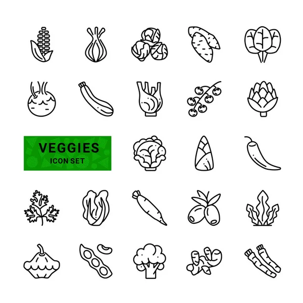 Comida Vegetariana Verduras Verduras Mínimo Contorno Conjunto Delgado — Vector de stock